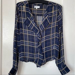 Button up Blouse Navy Plaid Chiffon